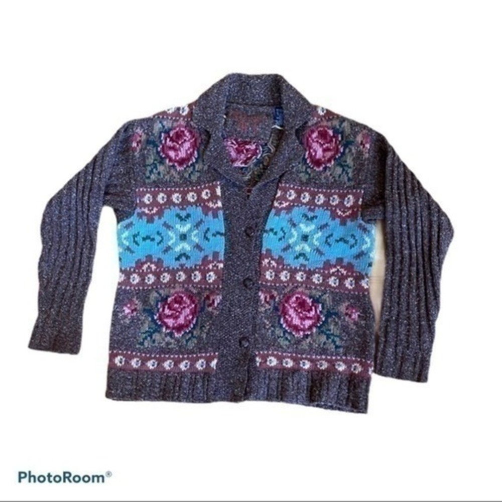Vintage River Art Brown Rose Wool &‎ Silk Cardigan Size Large